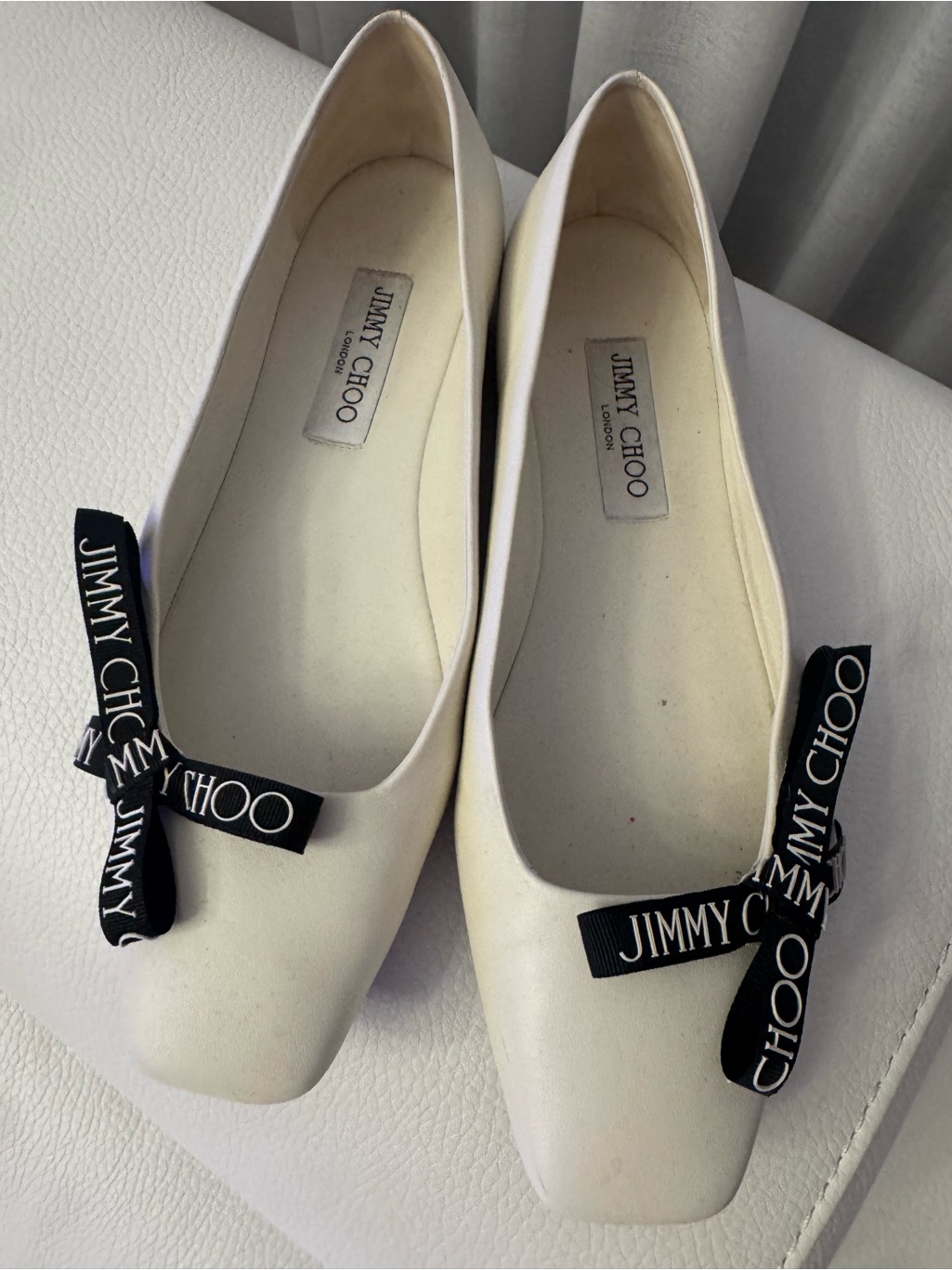 Jimmy Choo Cream Ballet Flats With Black Branded Ribbon Bows